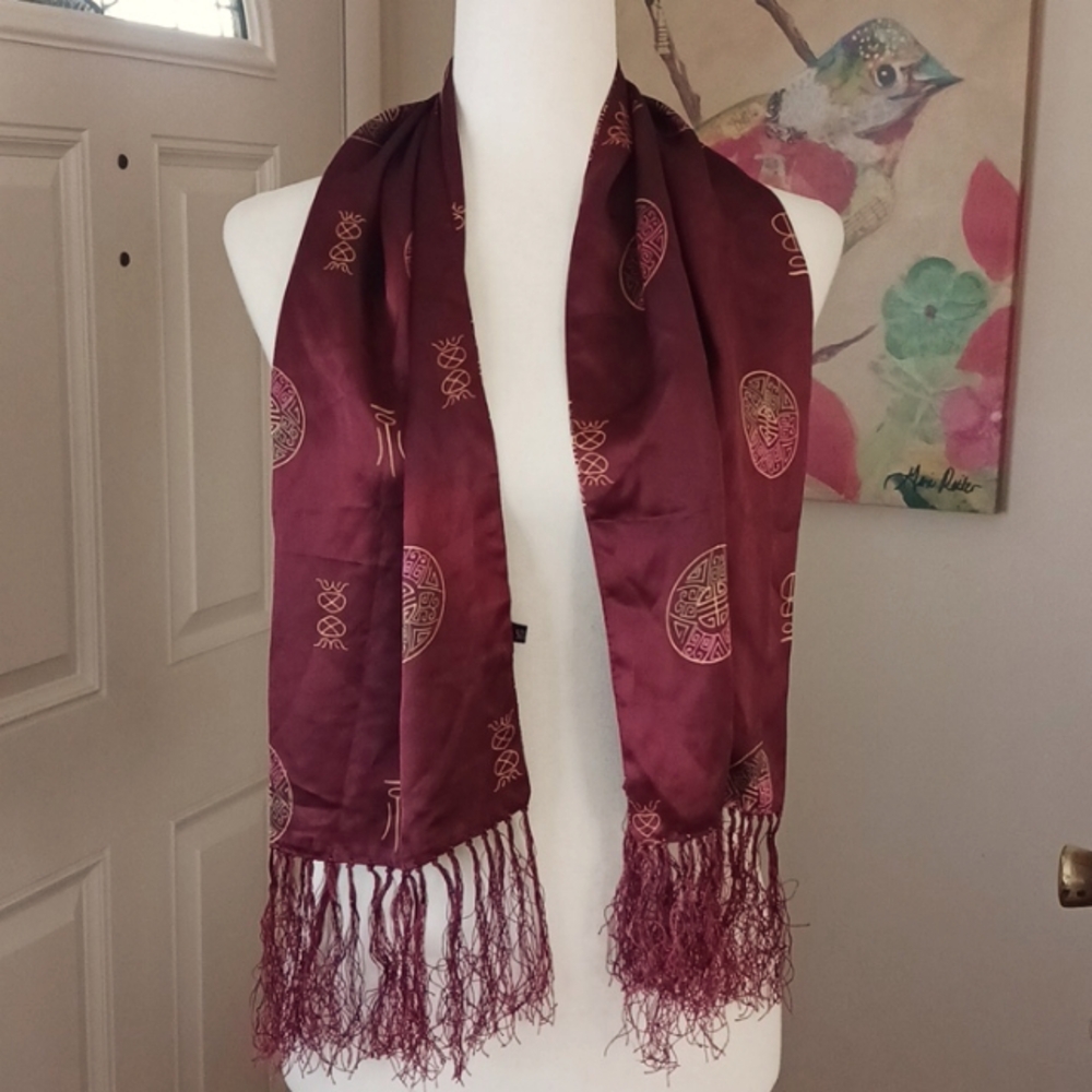Silk scarf unisex fringe tribal 45 x 11 rectangular shape burgundy maroon pink